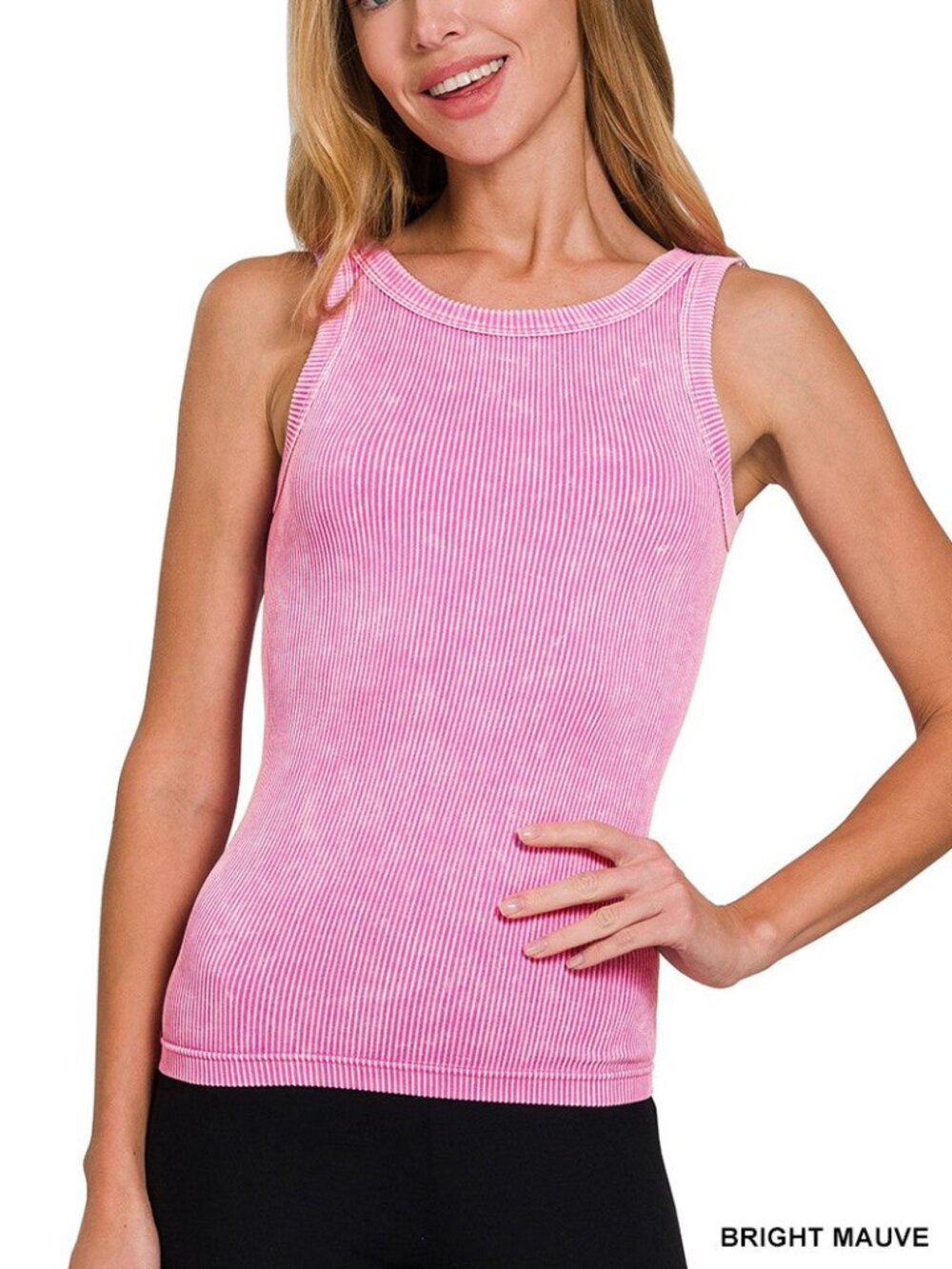 Zenana 2 Way Neckline Washed Ribbed Seamless Tank Top, Bright Mauve